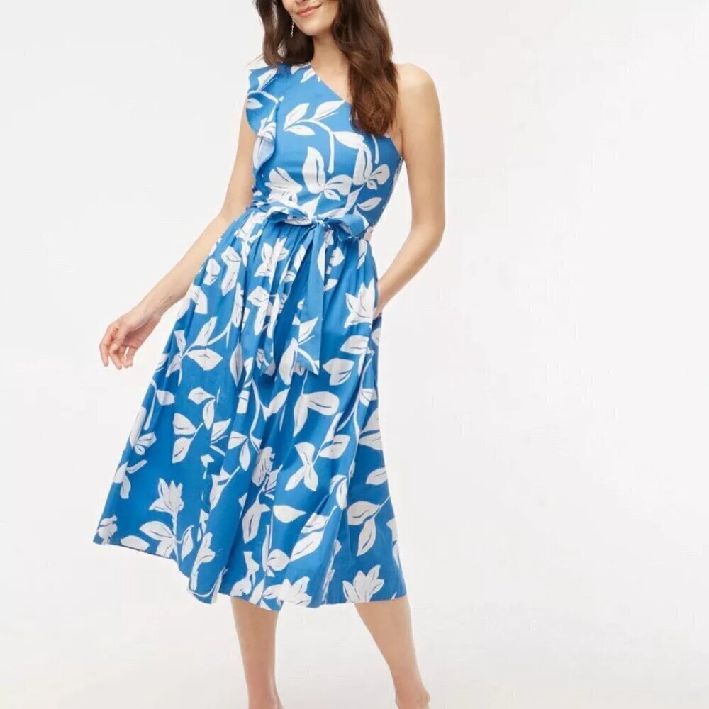 J. Crew One Shoulder Cotton Midi Dress Blue White Floral Size 8 Nwt